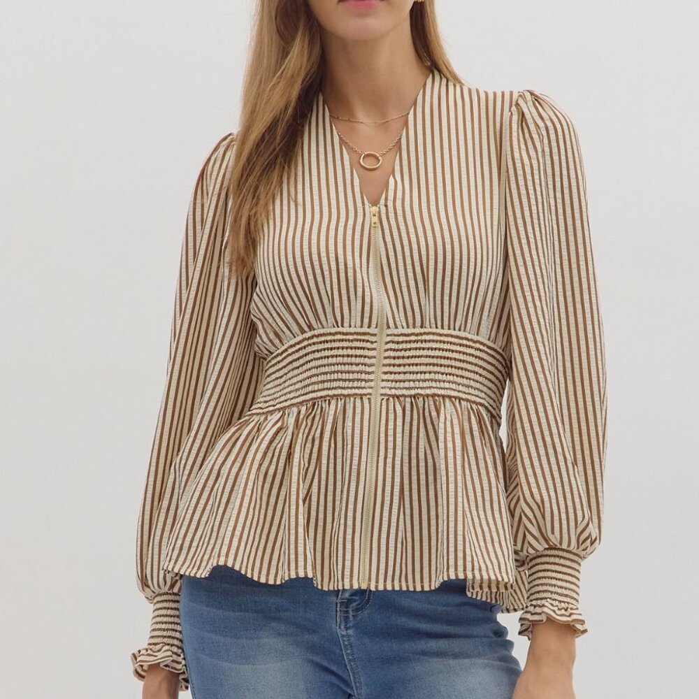 ENTRO BROWN & WHITE STRIPED SMOCKED WAIST ZIPPER TOP